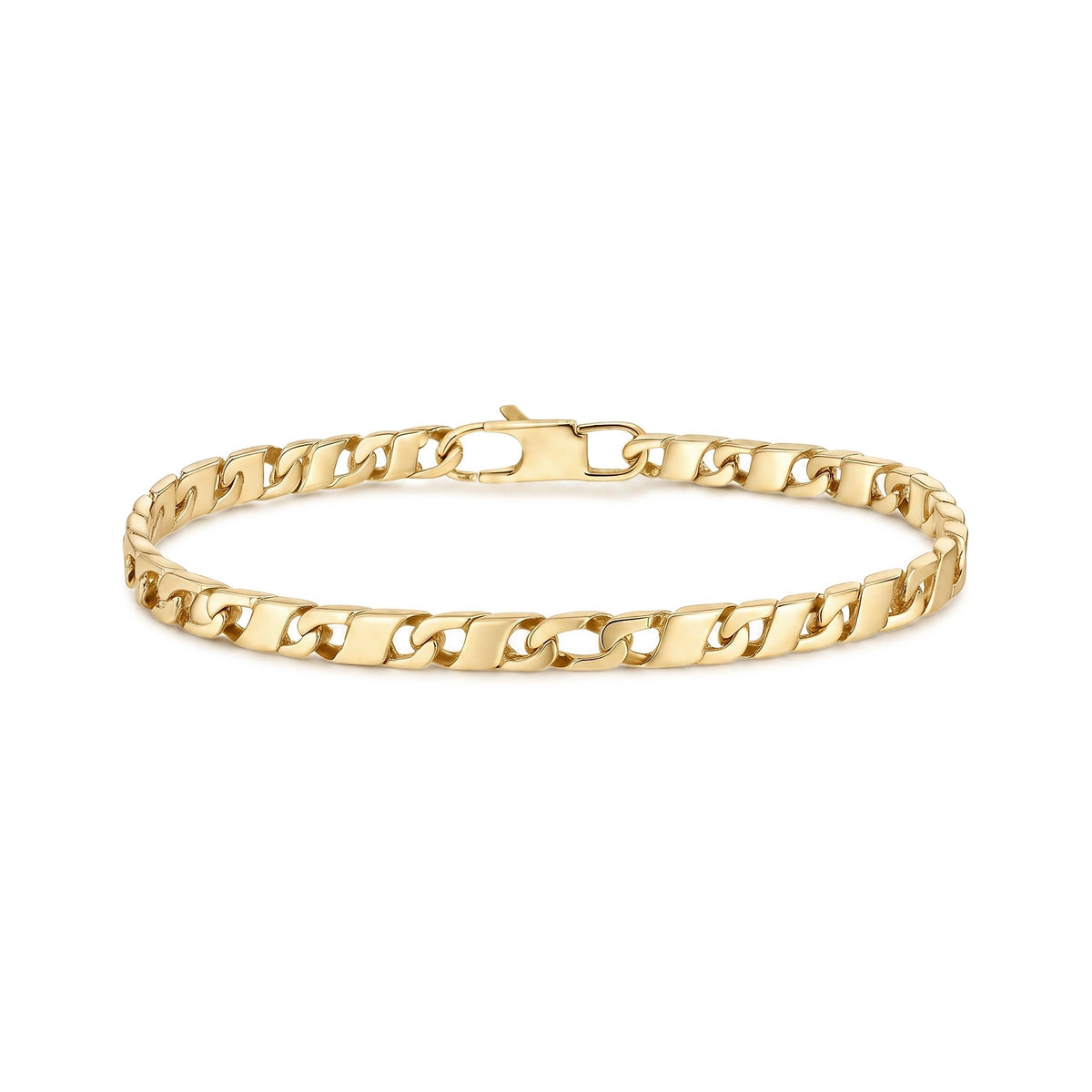 Gold stainless steel flat mariner link bracelet laid flat showing polished flat-sided links and lobster clasp