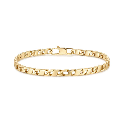 Gold stainless steel flat mariner link bracelet laid flat showing polished flat-sided links and lobster clasp
