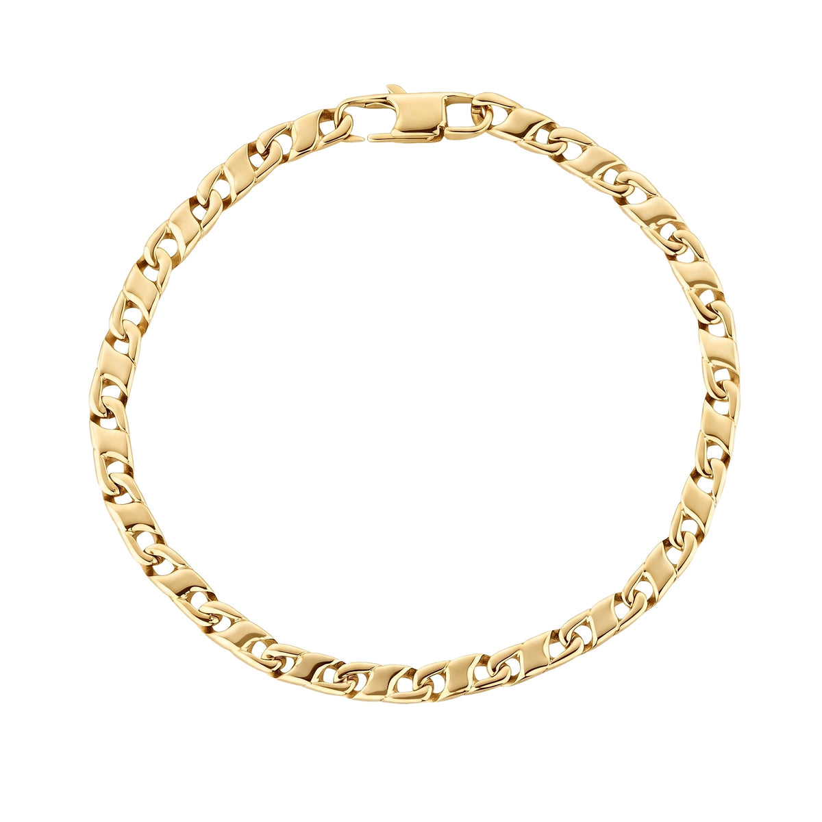 Gold flat mariner link bracelet viewed from above in a circular coil showing the full chain pattern