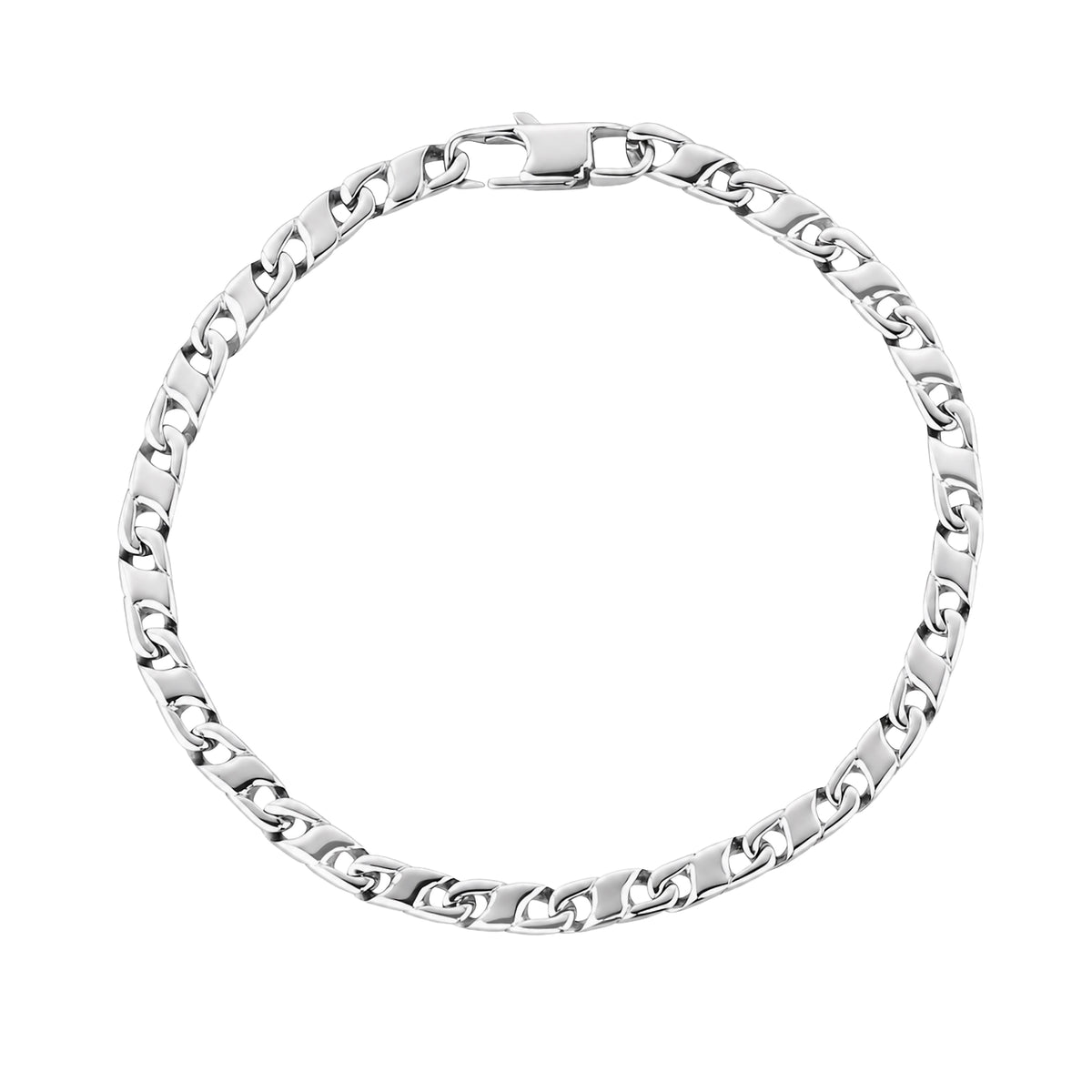 Silver flat mariner link bracelet viewed from above in a circular coil showing the full chain pattern
