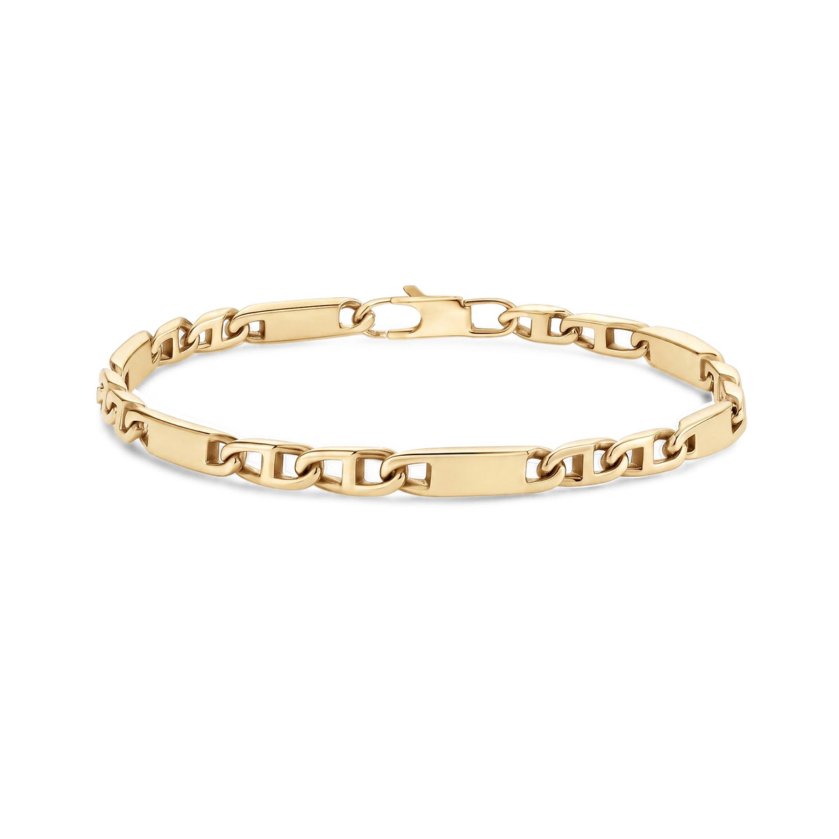 Gold stainless steel long link mariner bracelet laid flat showing elongated bar links and lobster clasp