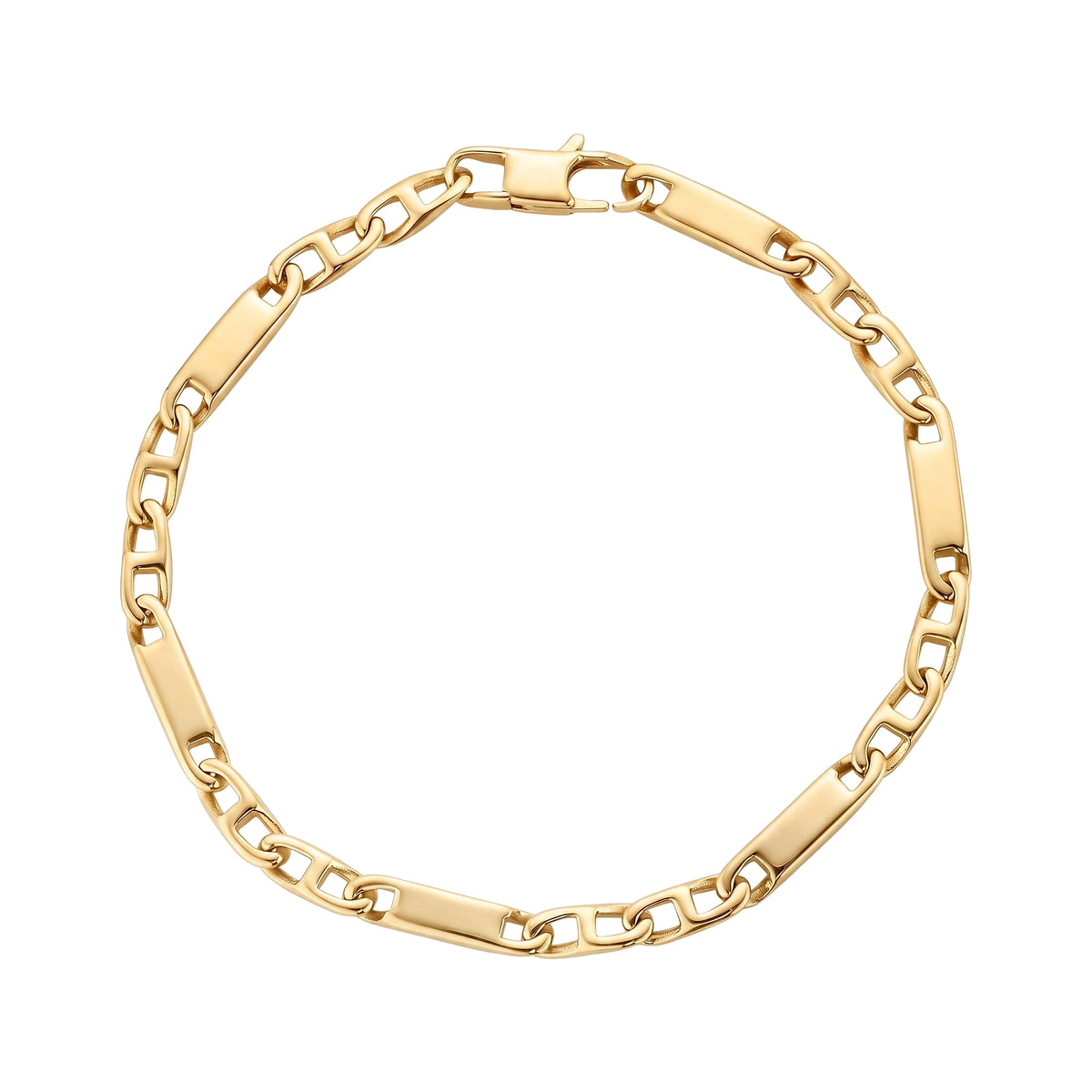Gold long link mariner bracelet viewed from above in a circular coil showing the full chain pattern