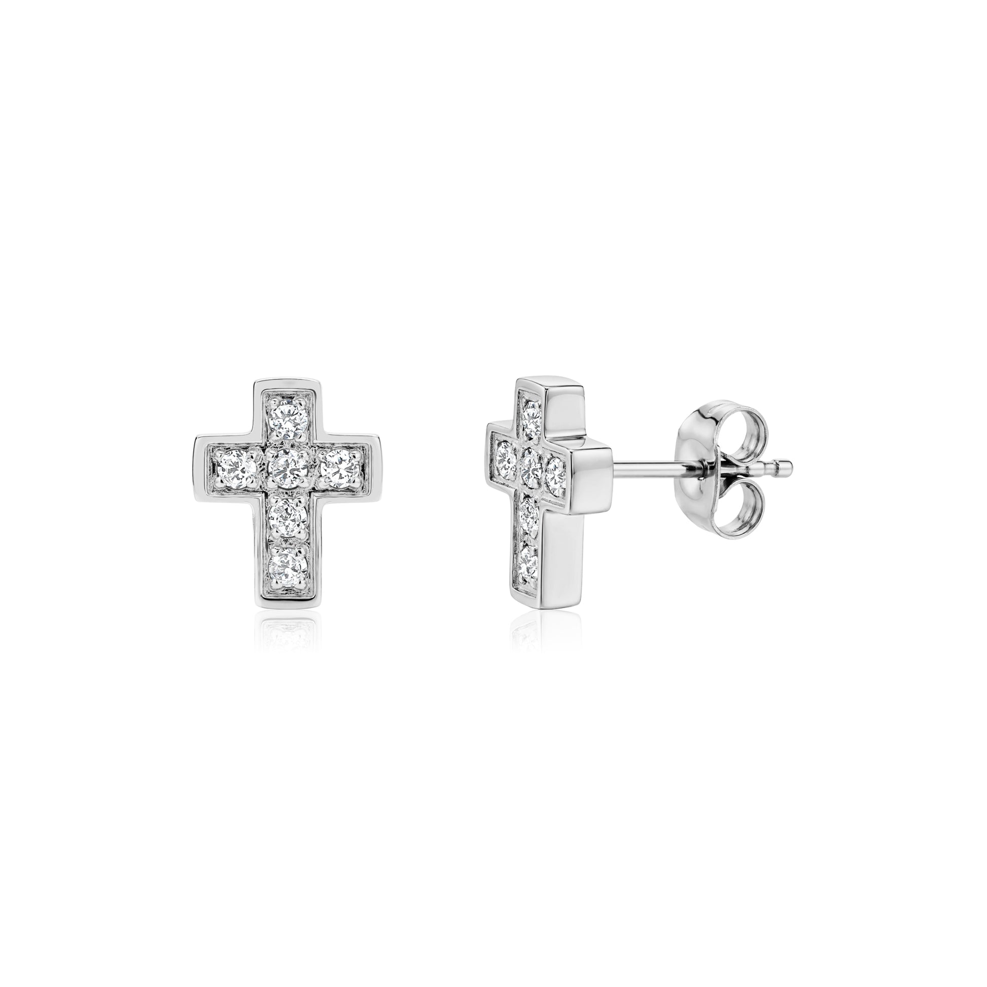 Imperial cross pavé stud earrings with cubic zirconia in stainless steel, front and side views