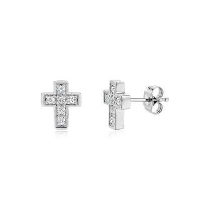 Imperial cross pavé stud earrings with cubic zirconia in stainless steel, front and side views