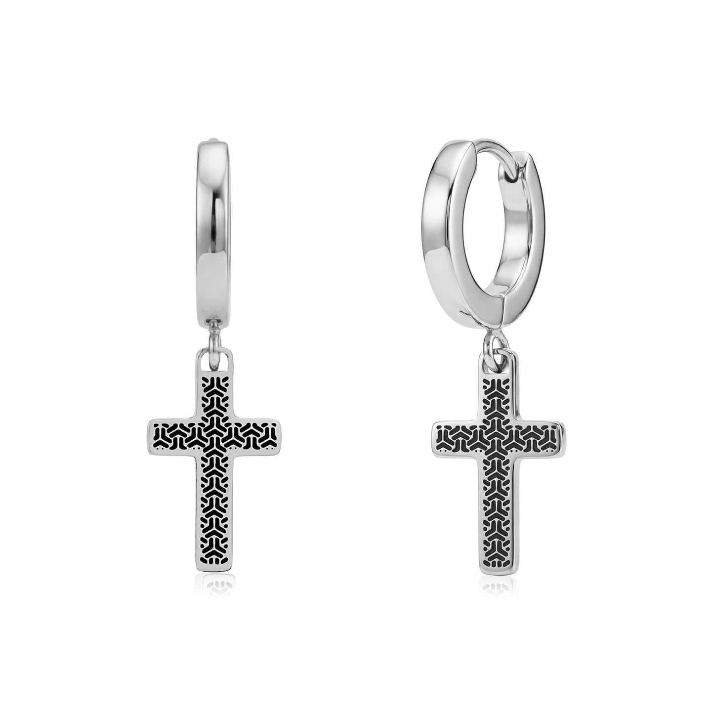 Men's stainless steel huggie earrings with detailed black cross pendants