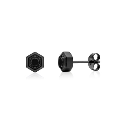 Pair of men's matte black hexagon stud earrings with black cubic zirconia stones, shown front and side view with post and butterfly back