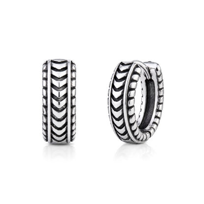 Textured stainless steel huggie hoop earrings with vintage chevron pattern and oxidized black finish, shown front and side angle