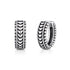Textured stainless steel huggie hoop earrings with vintage chevron pattern and oxidized black finish, shown front and side angle