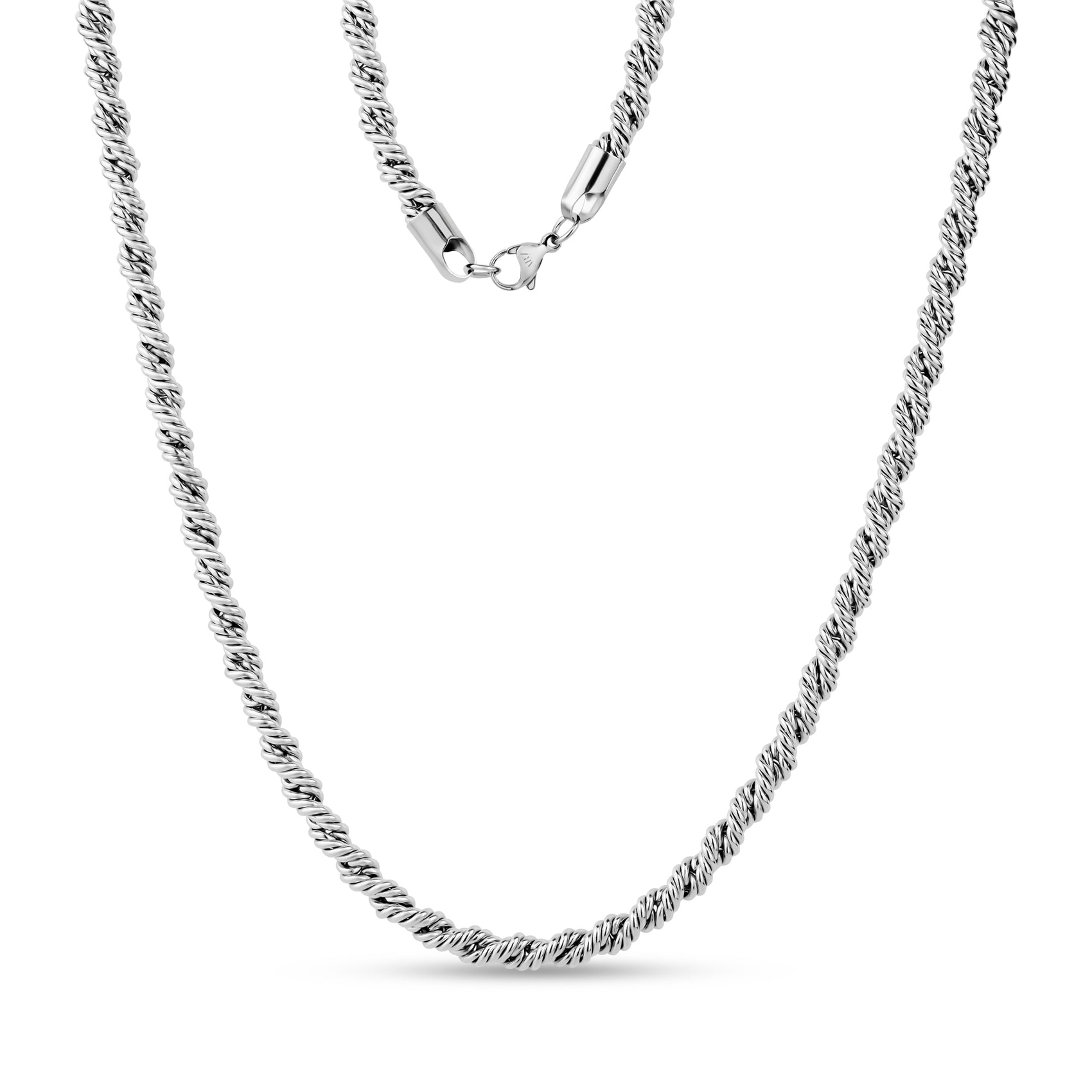 Close-up of a 6mm wide double twist rope necklace made of polished stainless steel with a lobster clasp