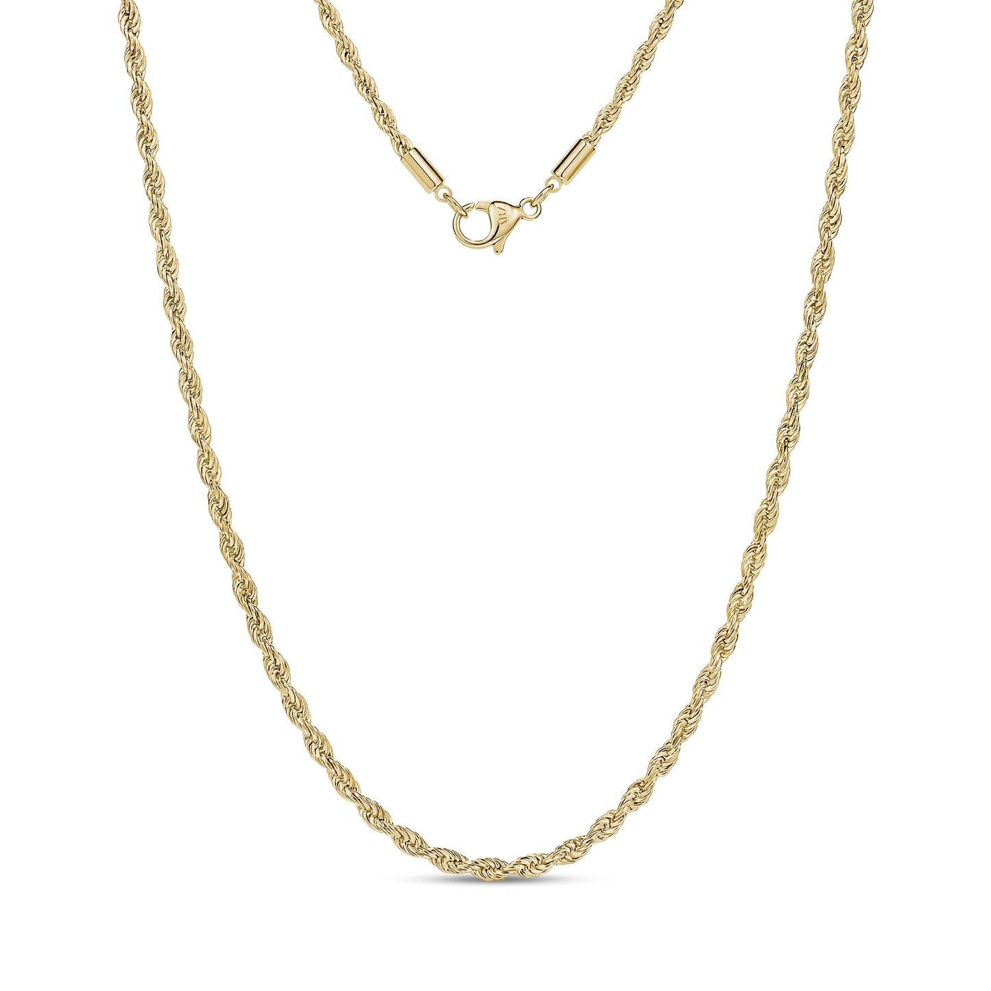 Gold thin rope chain necklace with 2mm twisted design and lobster clasp closure