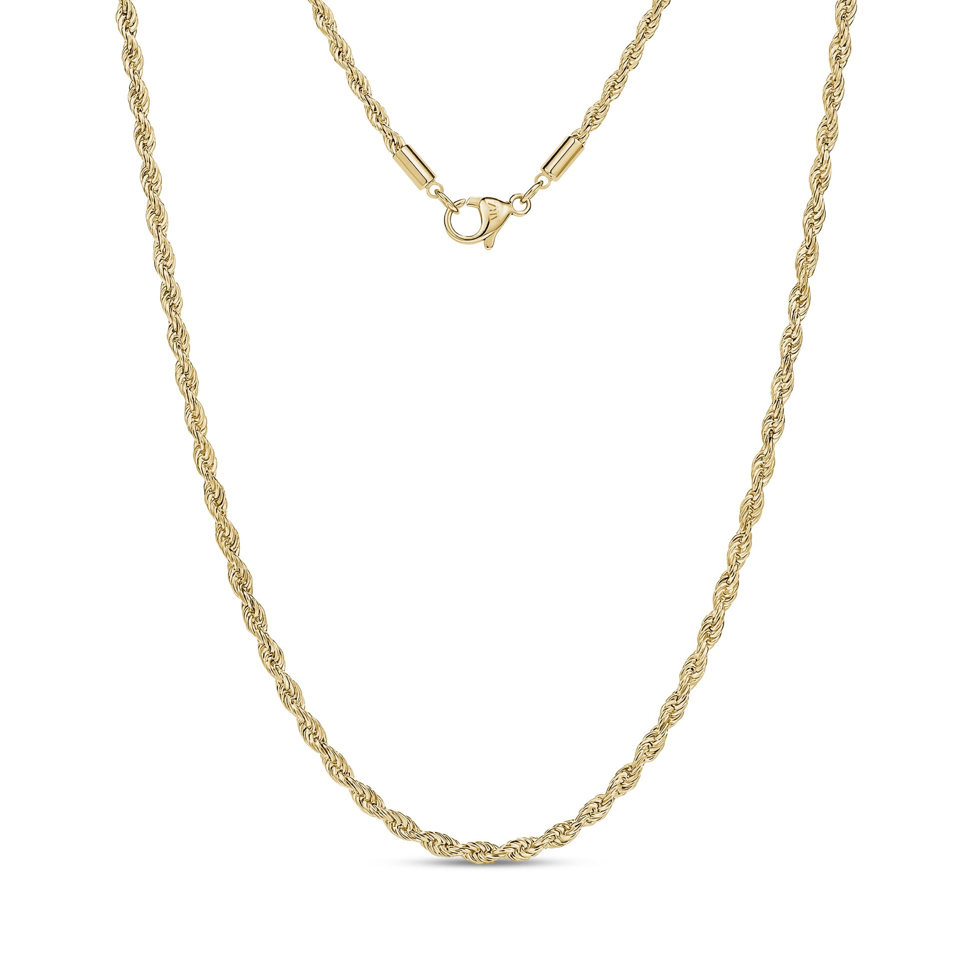 Gold thin rope chain necklace with 2mm twisted design and lobster clasp closure