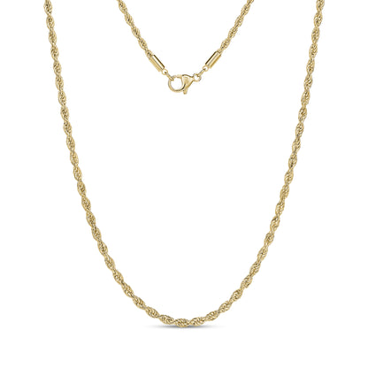 Gold thin rope chain necklace with 2mm twisted design and lobster clasp closure