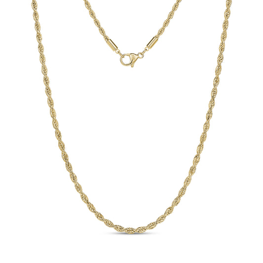 Gold thin rope chain necklace with 2mm twisted design and lobster clasp closure