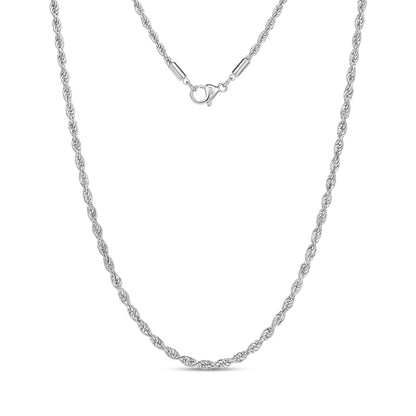 Silver thin rope chain necklace with 2mm twisted design and lobster clasp closure