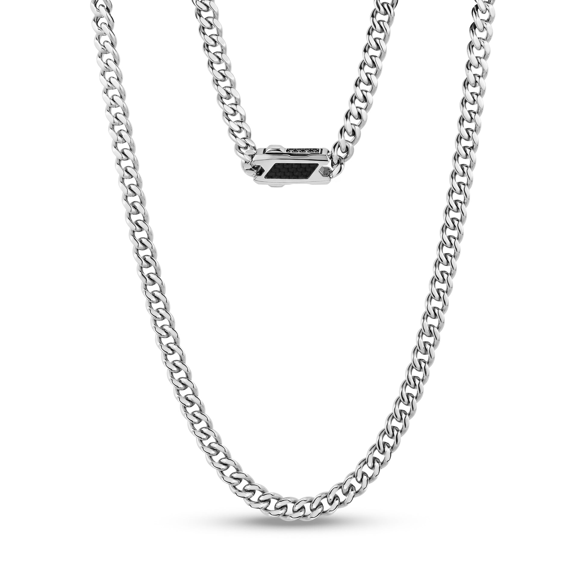 High-quality 7mm stainless steel Cuban link chain with carbon fiber accented clasp and black cubic zirconia stones  