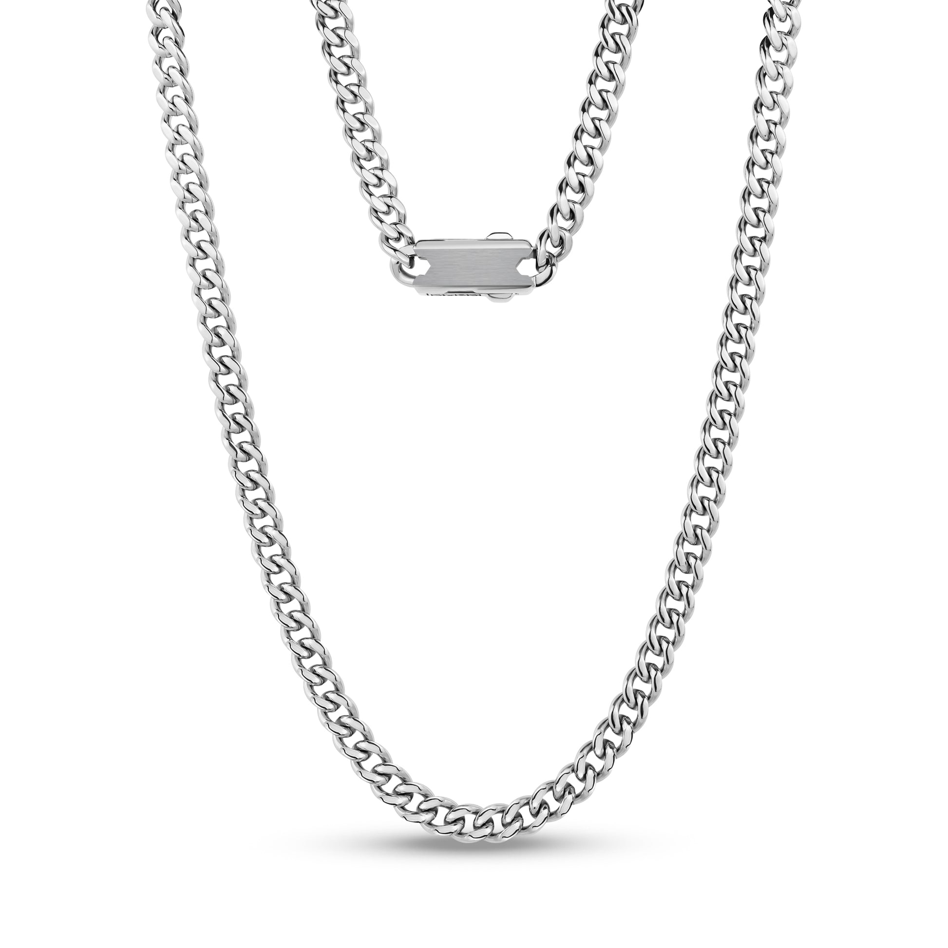 Back view of durable 7mm Cuban link necklace showing flat, engravable stainless steel clasp  