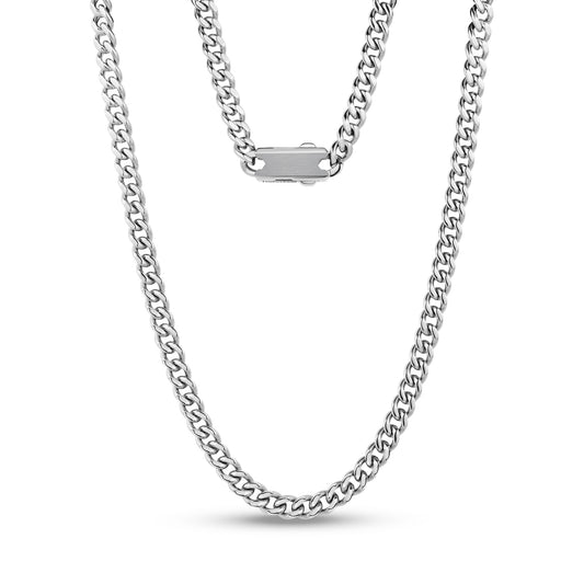 Back view of durable 7mm Cuban link necklace showing flat, engravable stainless steel clasp  