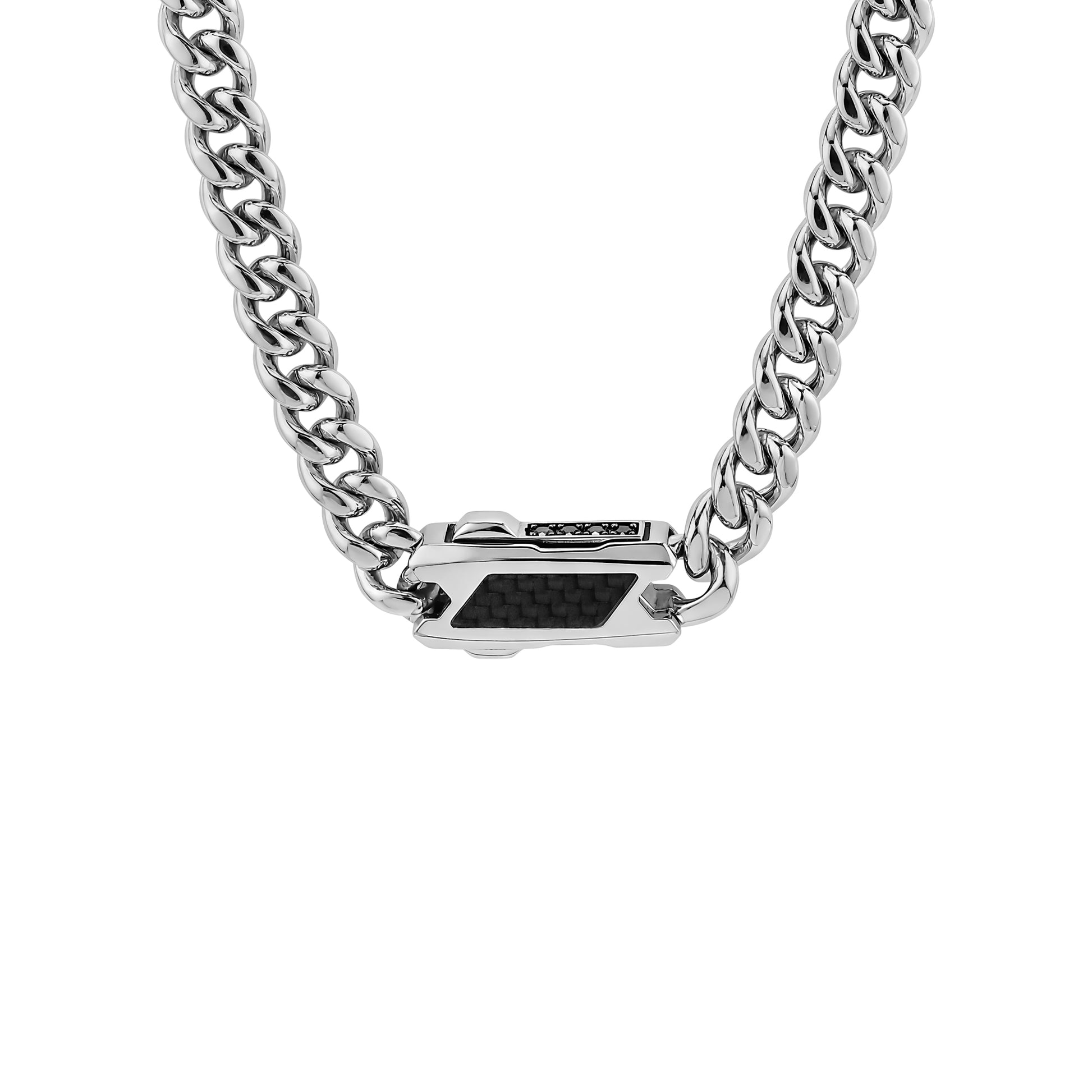Close-up of stainless steel clasp with carbon fiber inlay and black cubic zirconia details on men’s chain