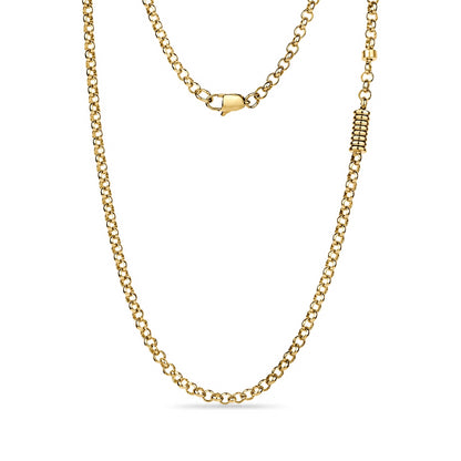 Silver ribbed capsule urn necklace laid out full length, showing rolo chain and cylindrical ash-holder charm