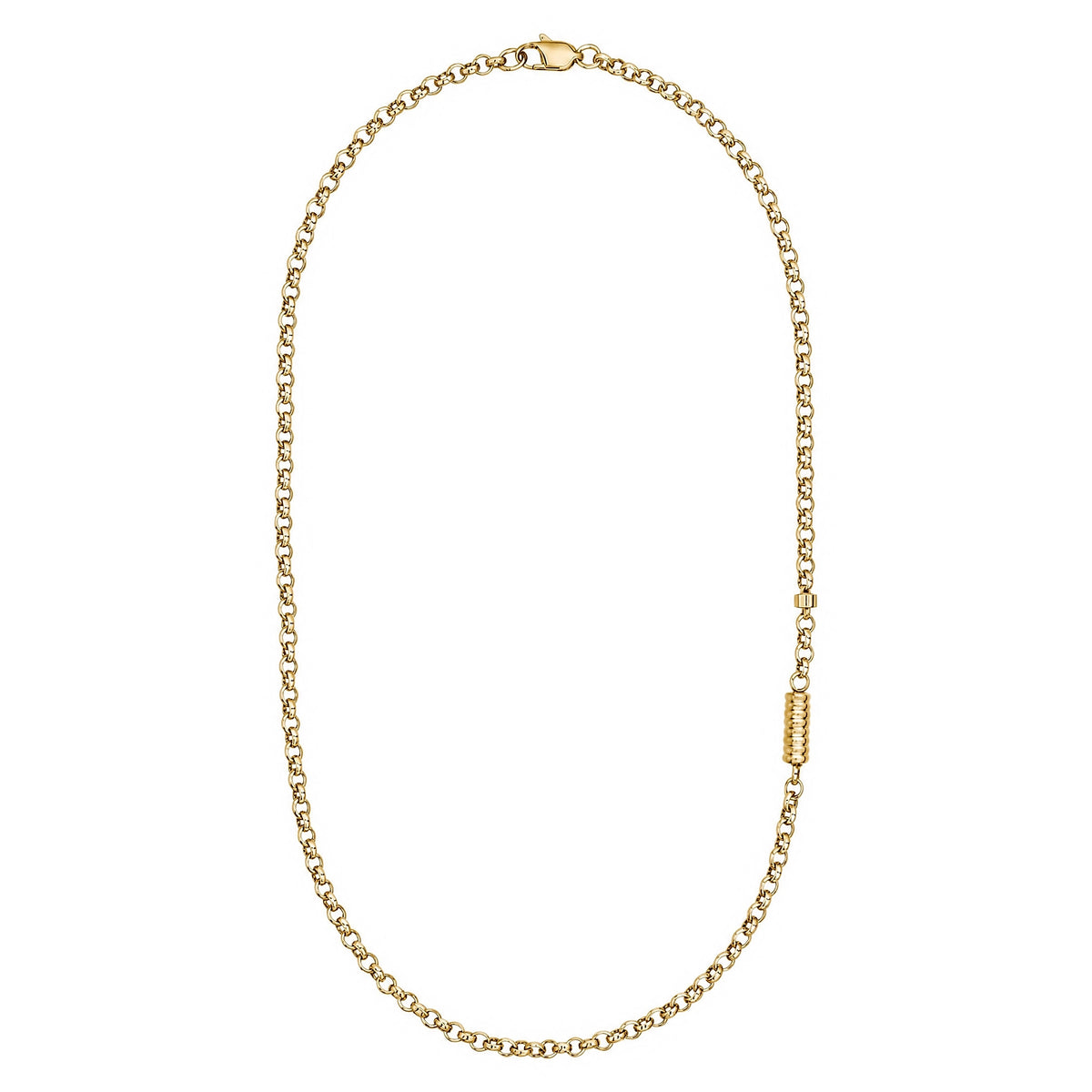Gold ribbed capsule urn necklace laid out full length with rolo link chain and cylindrical keepsake capsule
