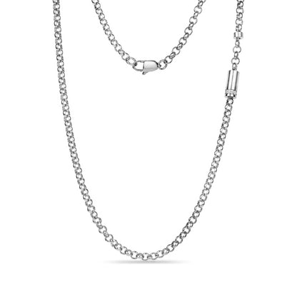 Silver lab diamond urn necklace laid out full length, showing rolo chain and diamond-set ash capsule near the clasp