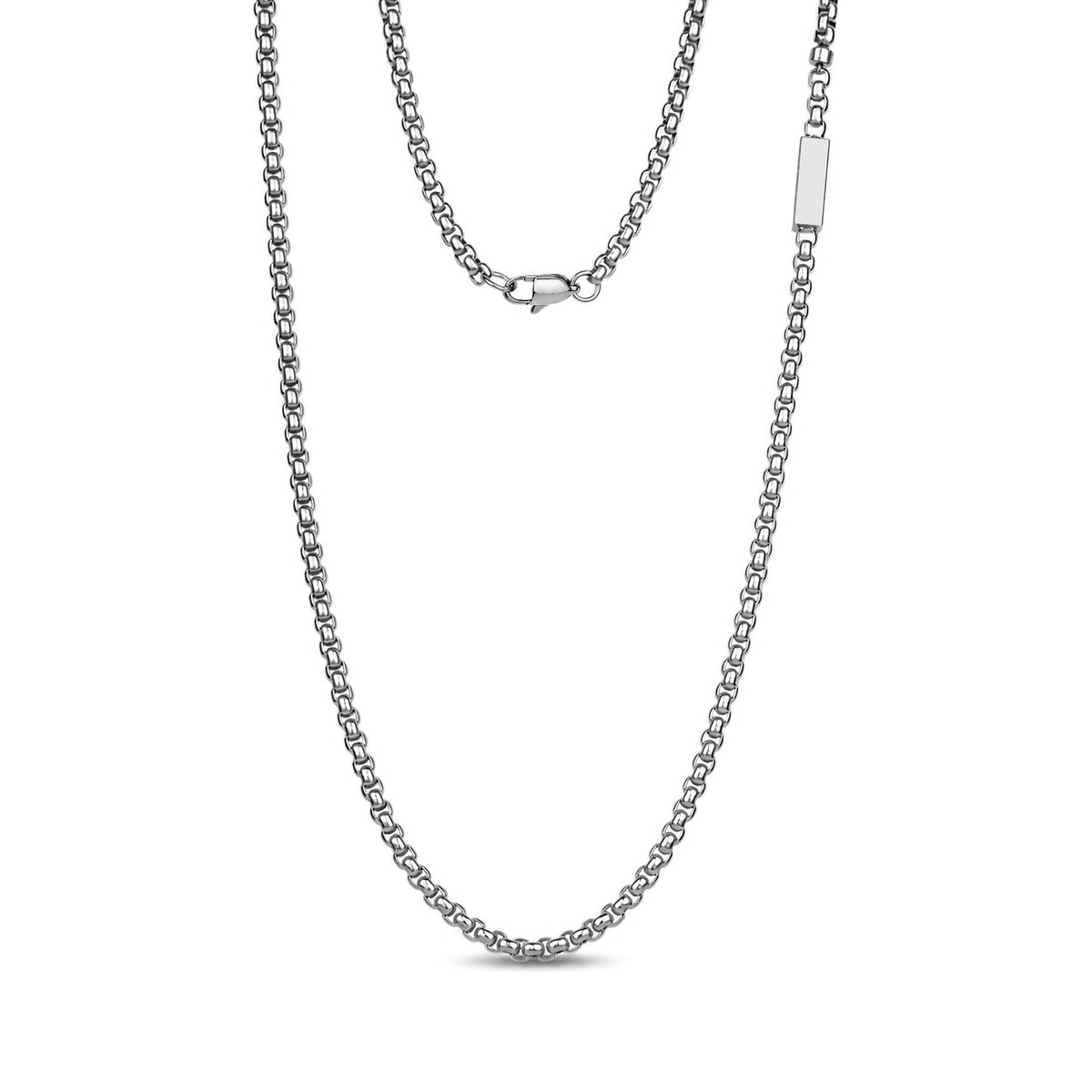 Engravable bar urn necklace in silver with 4mm round box link chain and rectangular keepsake capsule