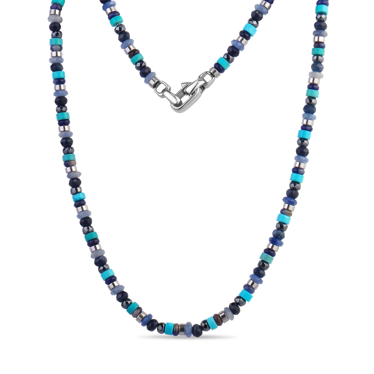 Men's single-strand beaded necklace with blue aventurine, hematite and turquoise beads and a silver stainless steel lobster clasp