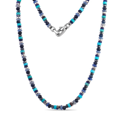 Men's single-strand beaded necklace with blue aventurine, hematite and turquoise beads and a silver stainless steel lobster clasp