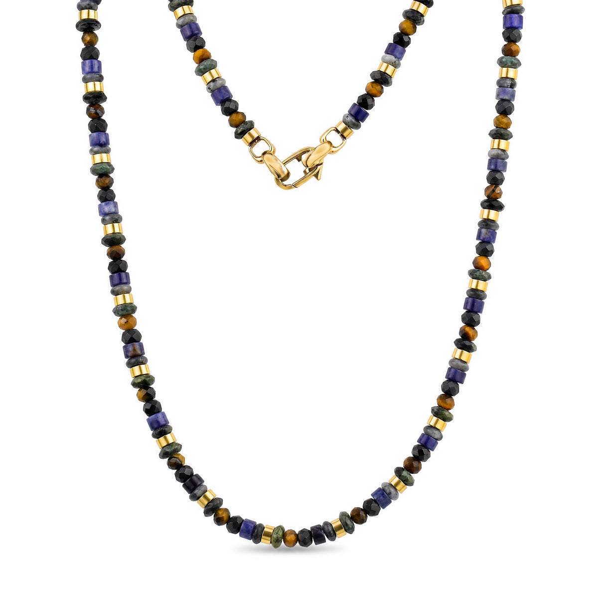 Men's beaded necklace with faceted tiger eye, kambaba jasper, and sodalite stones separated by gold stainless steel rondelles, finished with a gold lobster clasp