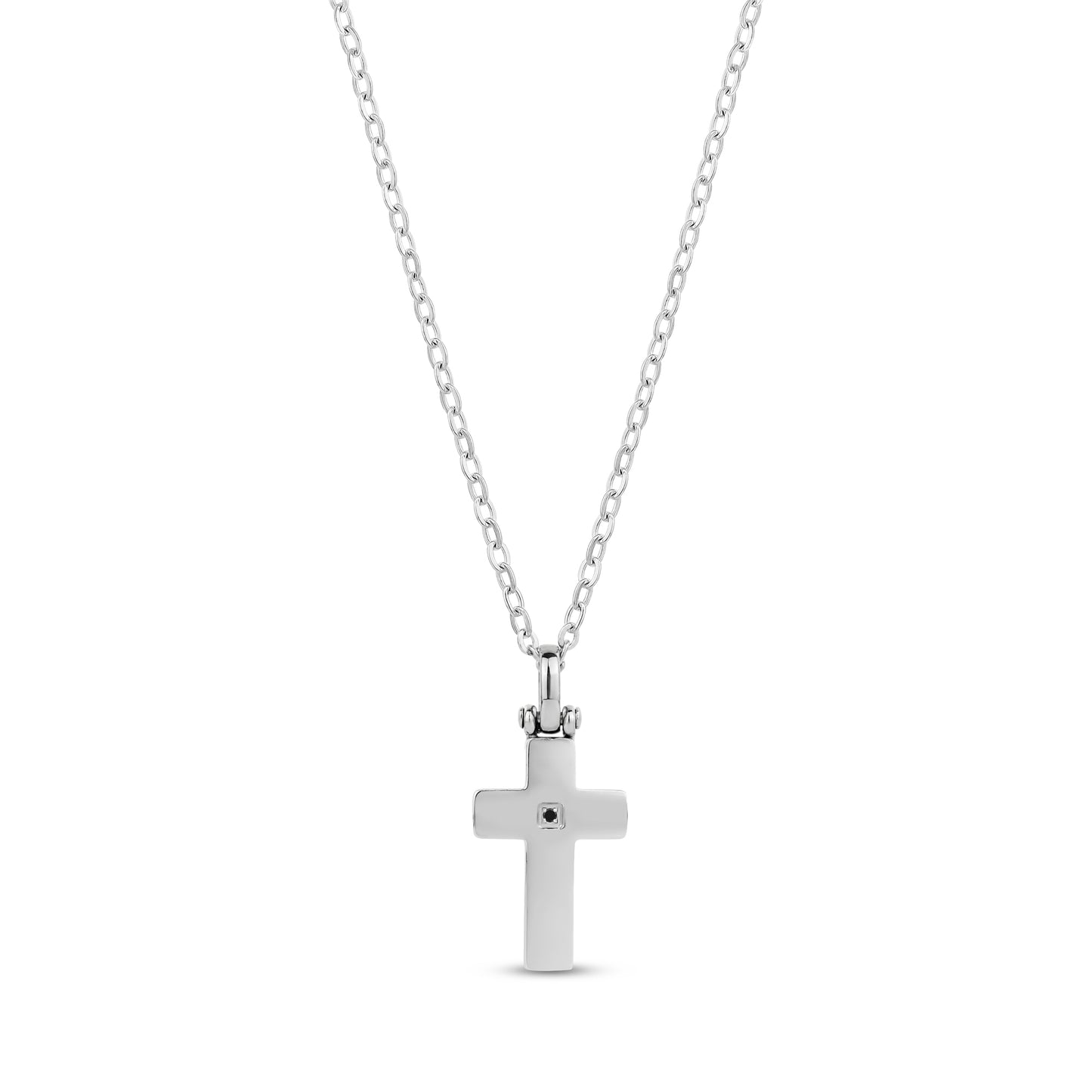 Men's stainless steel cross pendant necklace with black cubic zirconia at center and adjustable chain