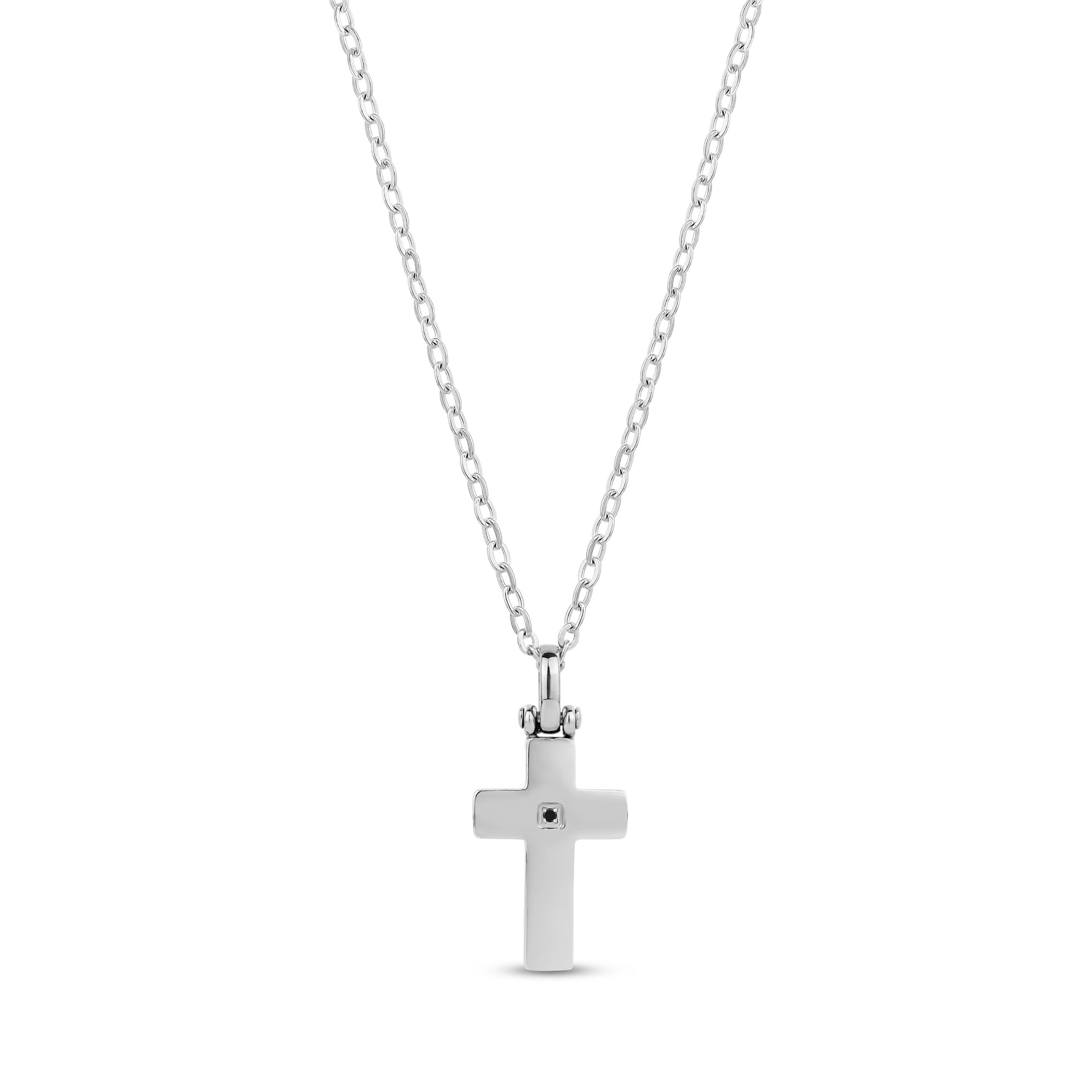 Men's stainless steel cross pendant necklace with black cubic zirconia at center and adjustable chain