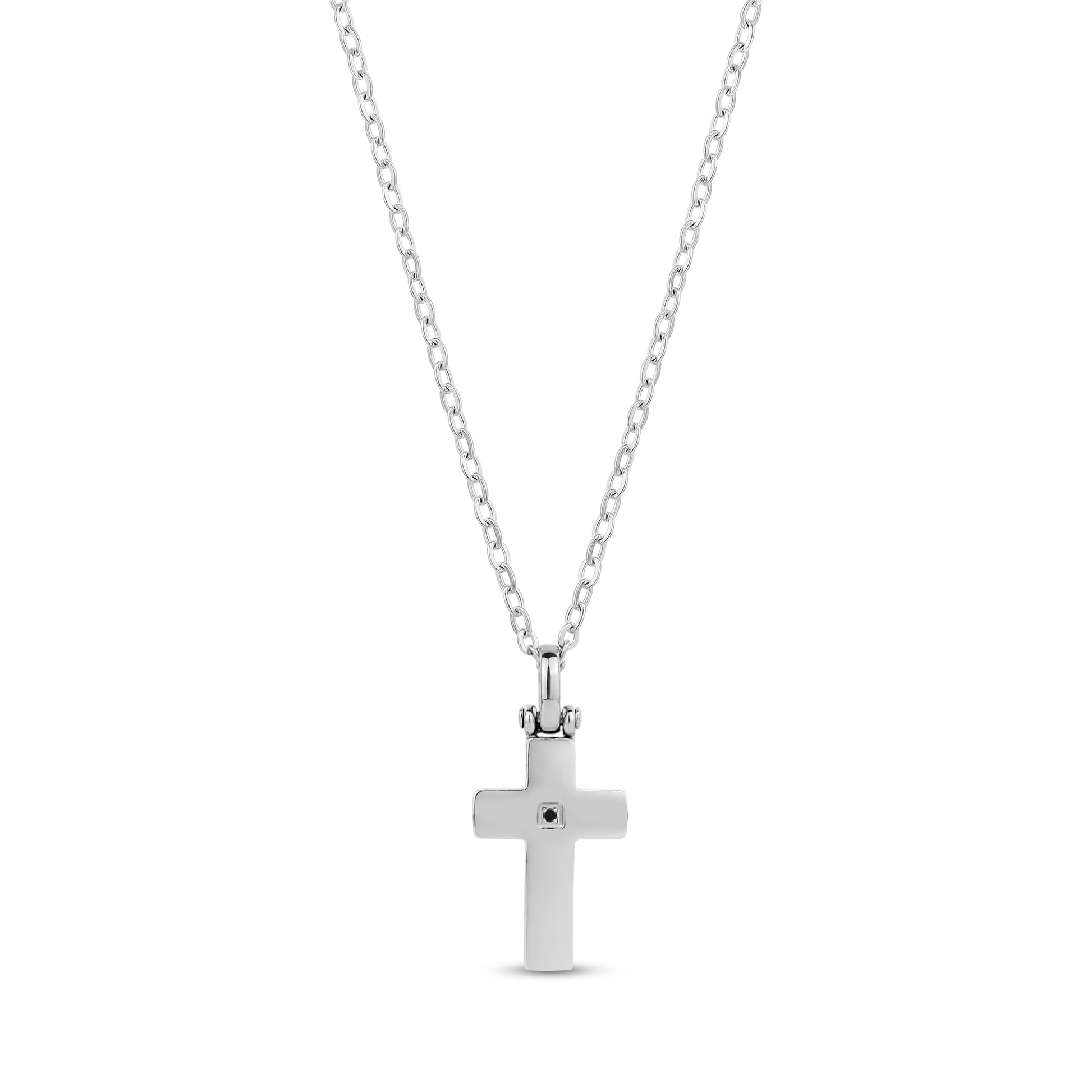 Men's stainless steel cross pendant necklace with black cubic zirconia at center and adjustable chain