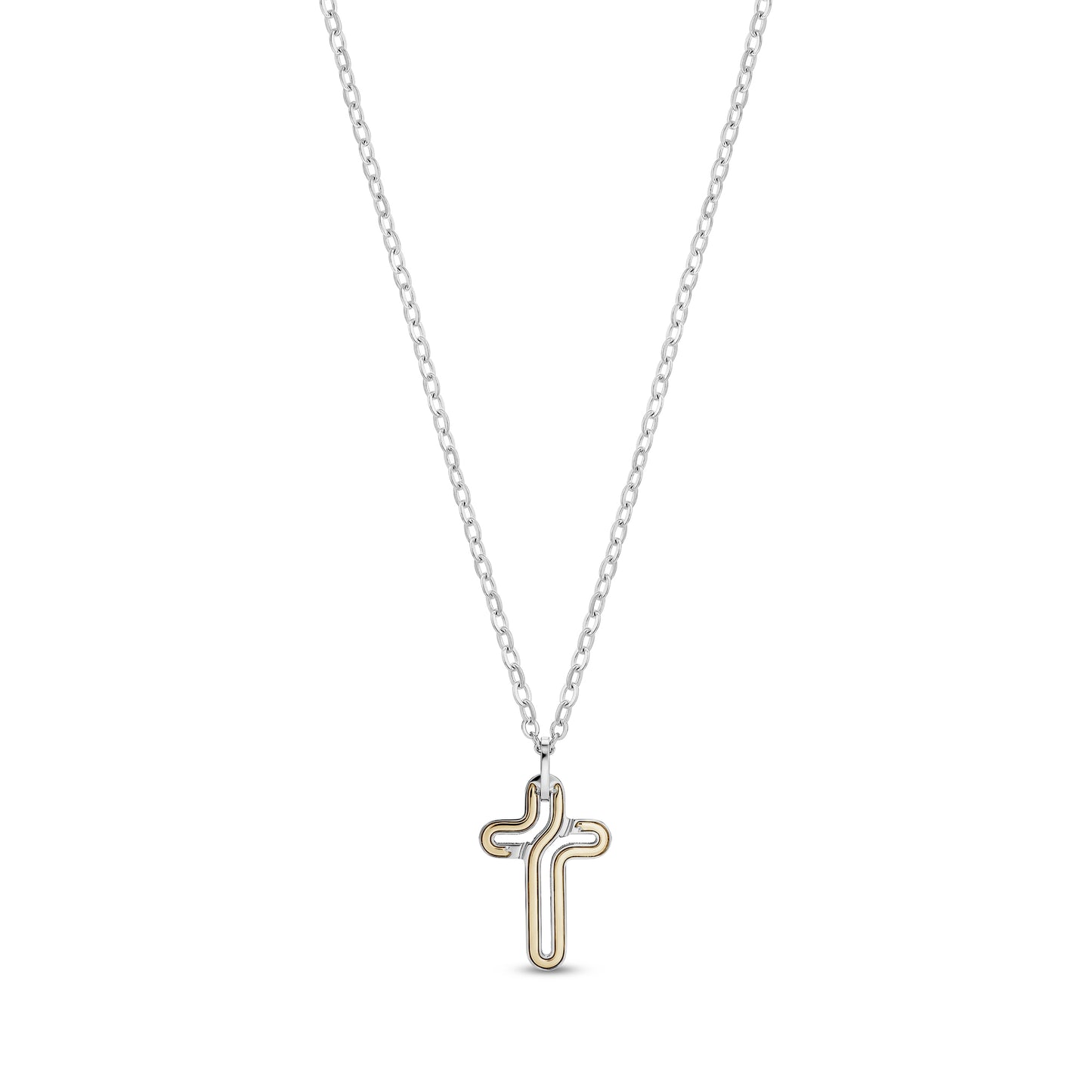 Sleek two-tone men's cross pendant with silver and gold stainless steel on adjustable chain