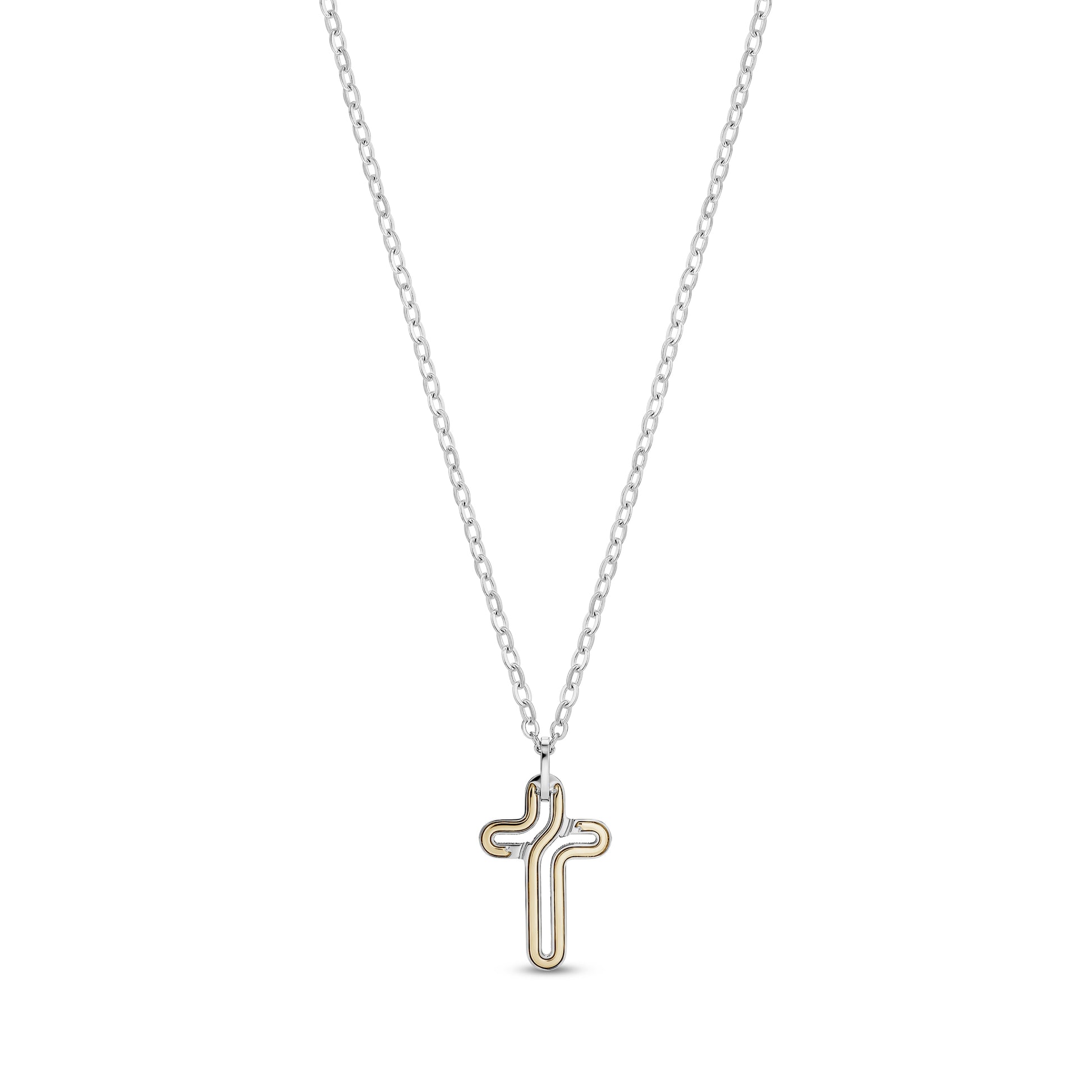 Sleek two-tone men's cross pendant with silver and gold stainless steel on adjustable chain