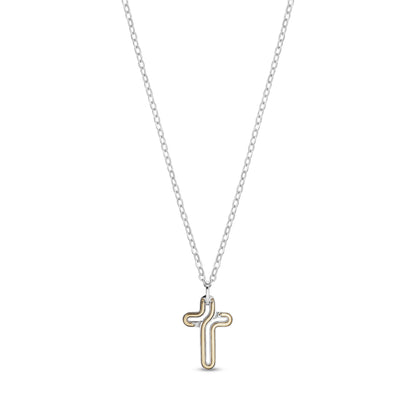 Sleek two-tone men's cross pendant with silver and gold stainless steel on adjustable chain