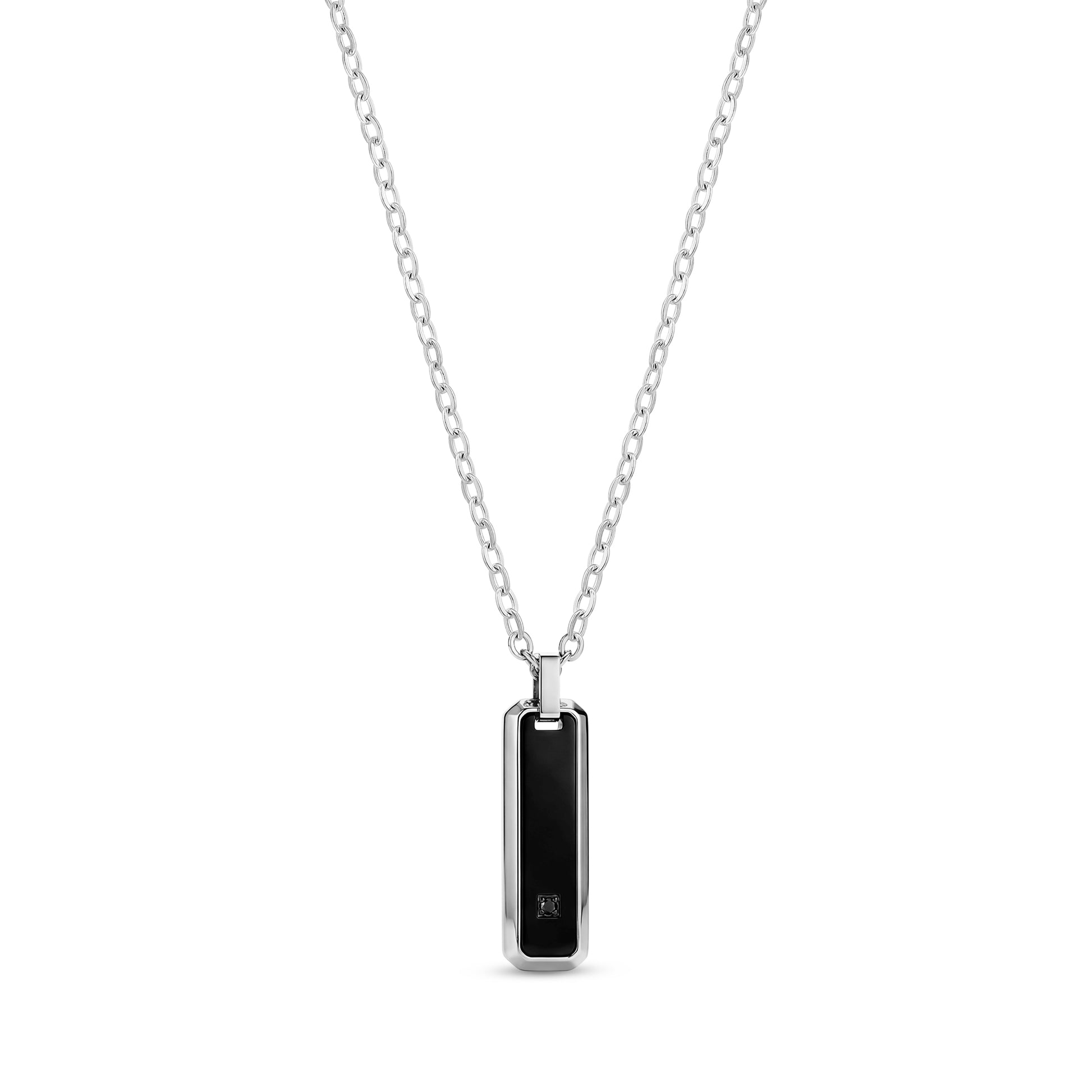 Men's black stone bar pendant necklace with matte black center and shiny stainless steel chain