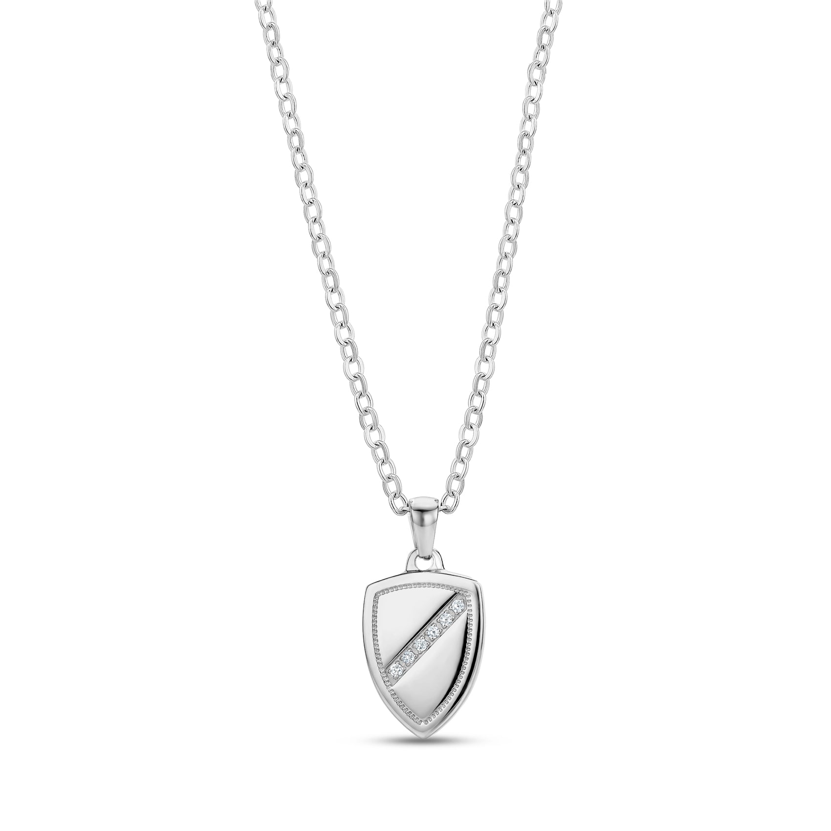 Mens stainless steel pavé stripe shield pendant on adjustable chain