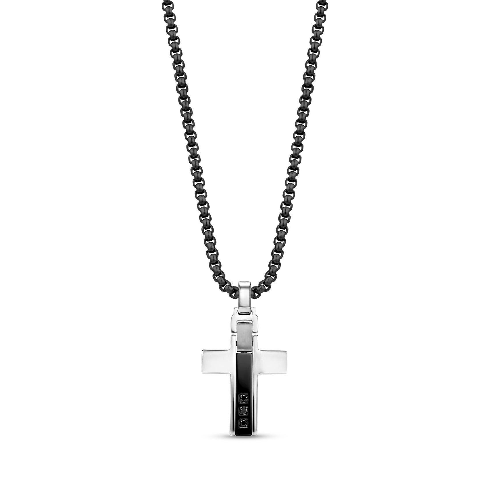 Men's stainless steel cross pendant necklace with black accent bar and adjustable black chain.