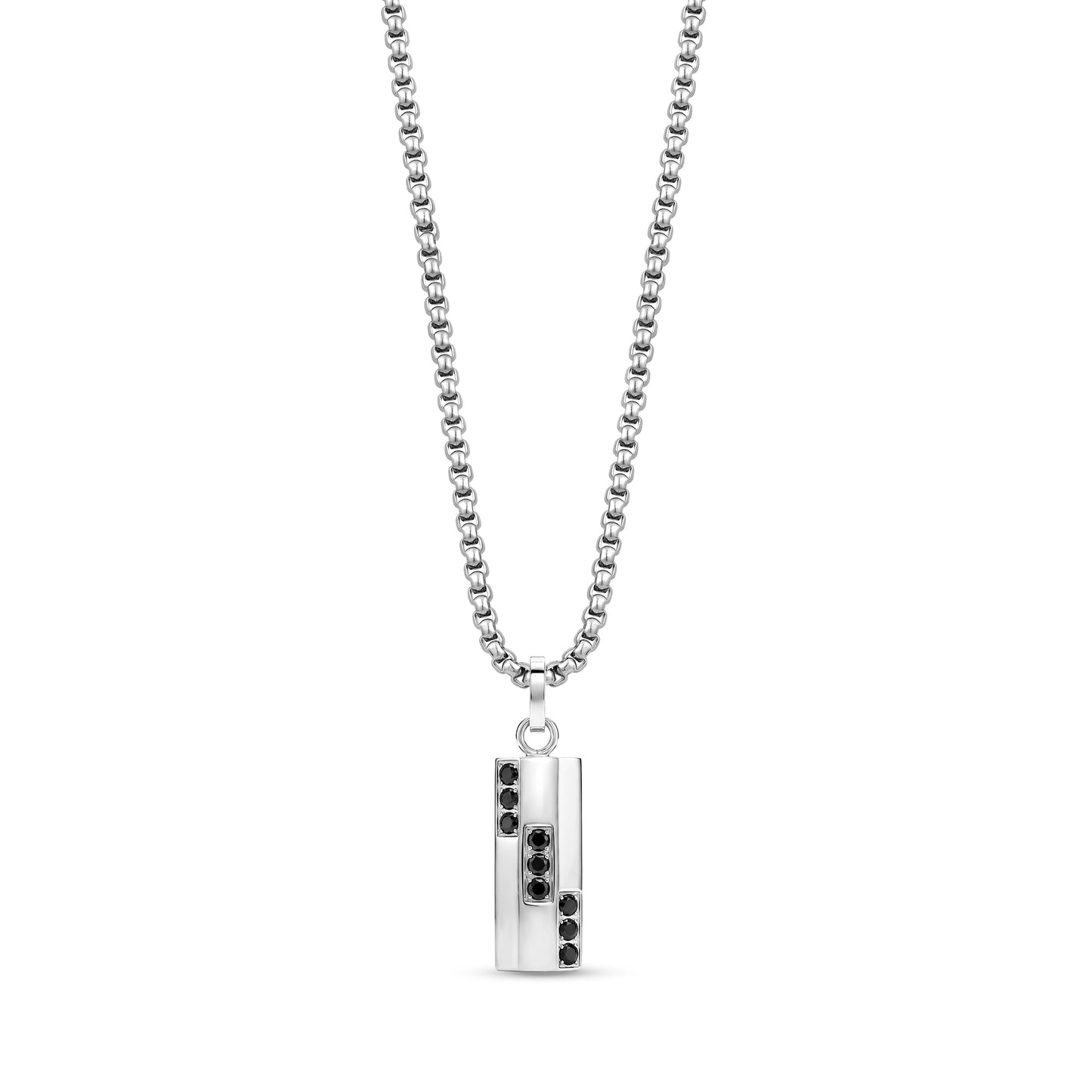 Men's geometric rectangular black stone pendant on a stainless steel round box link chain