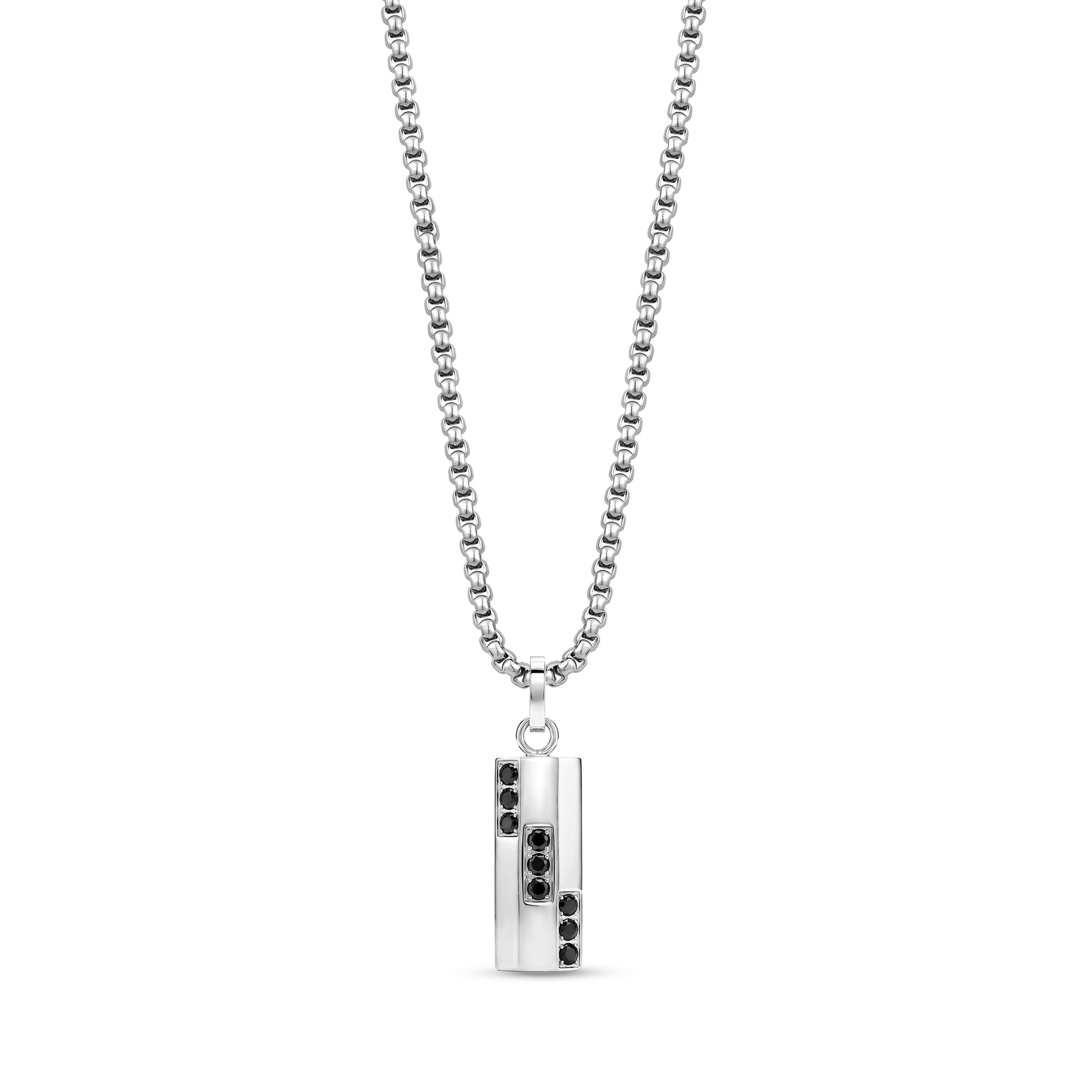 Men's geometric rectangular black stone pendant on a stainless steel round box link chain