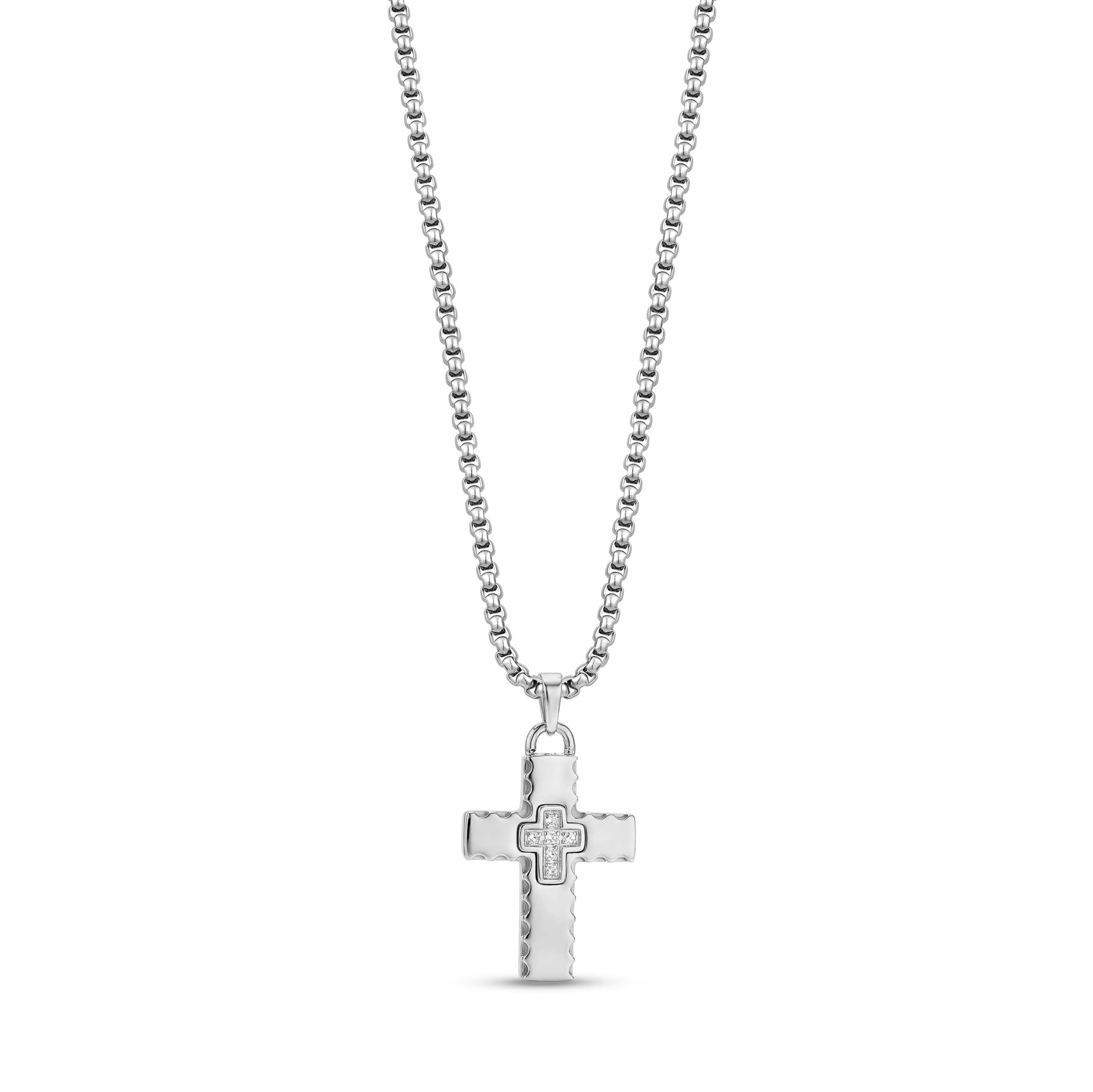 Stainless steel men's cross pendant necklace with textured edges and adjustable box chain