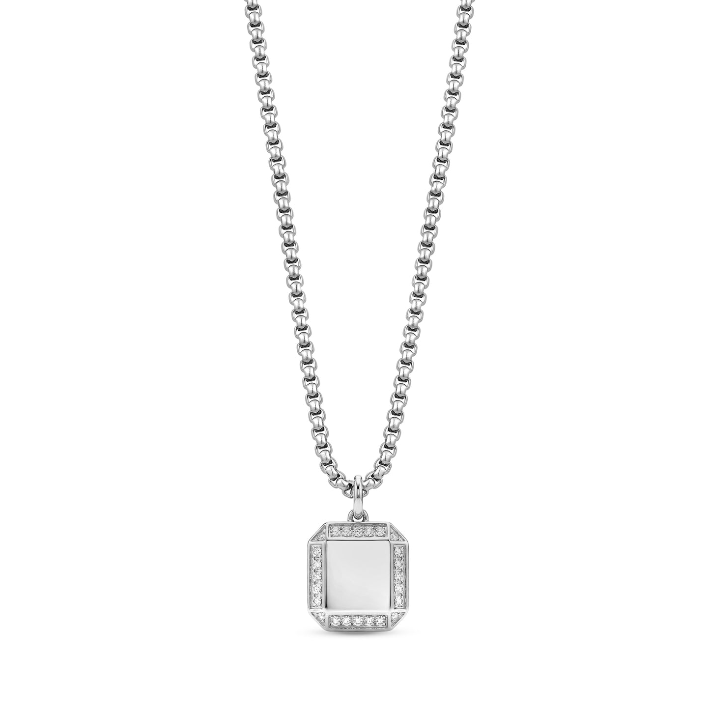Men's stainless steel architectural square pendant necklace with sparkling stone accents on a round box link chain