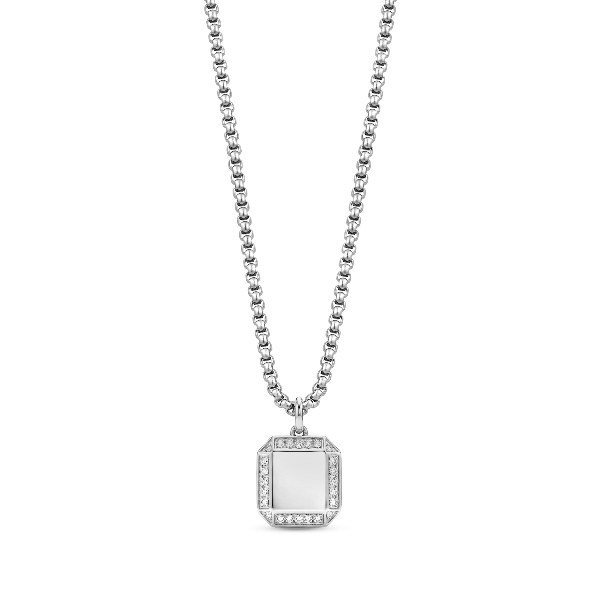 Men's stainless steel architectural square pendant necklace with sparkling stone accents on a round box link chain