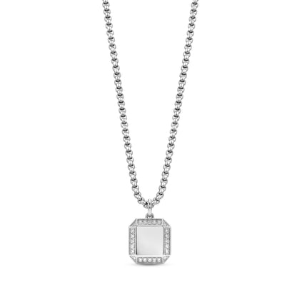 Men's stainless steel architectural square pendant necklace with sparkling stone accents on a round box link chain