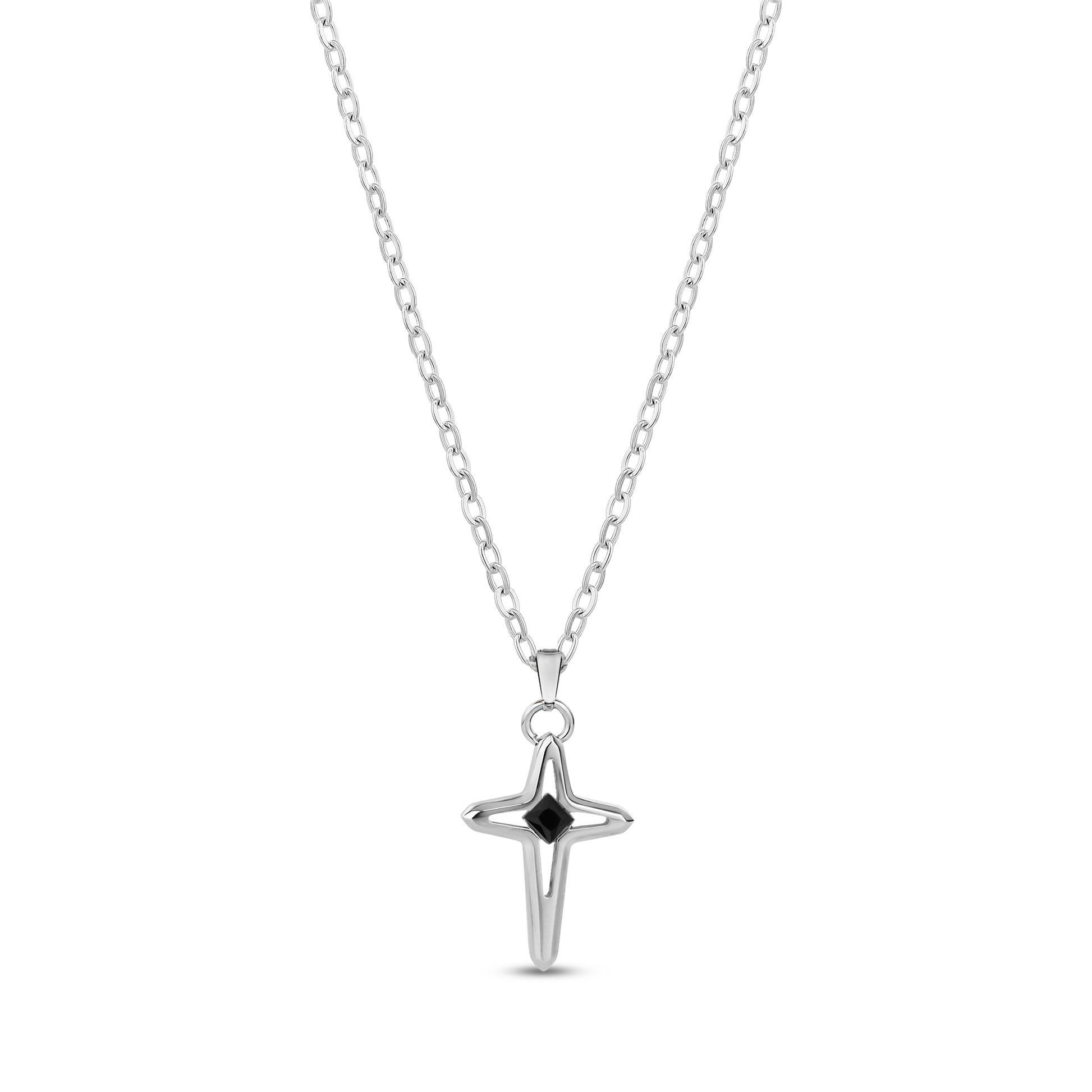 Stainless steel men's cross pendant necklace with black cubic zirconia center stone on adjustable chain