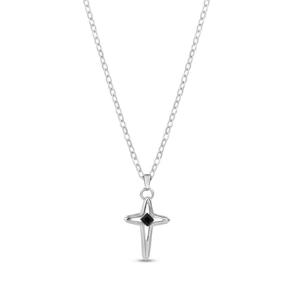 Stainless steel men's cross pendant necklace with black cubic zirconia center stone on adjustable chain