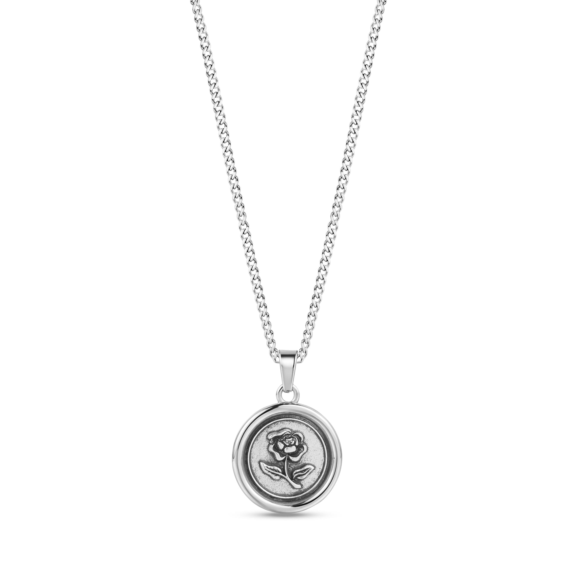 Silver Eternal Rose Medallion Pendant on 2mm Cuban Link Chain