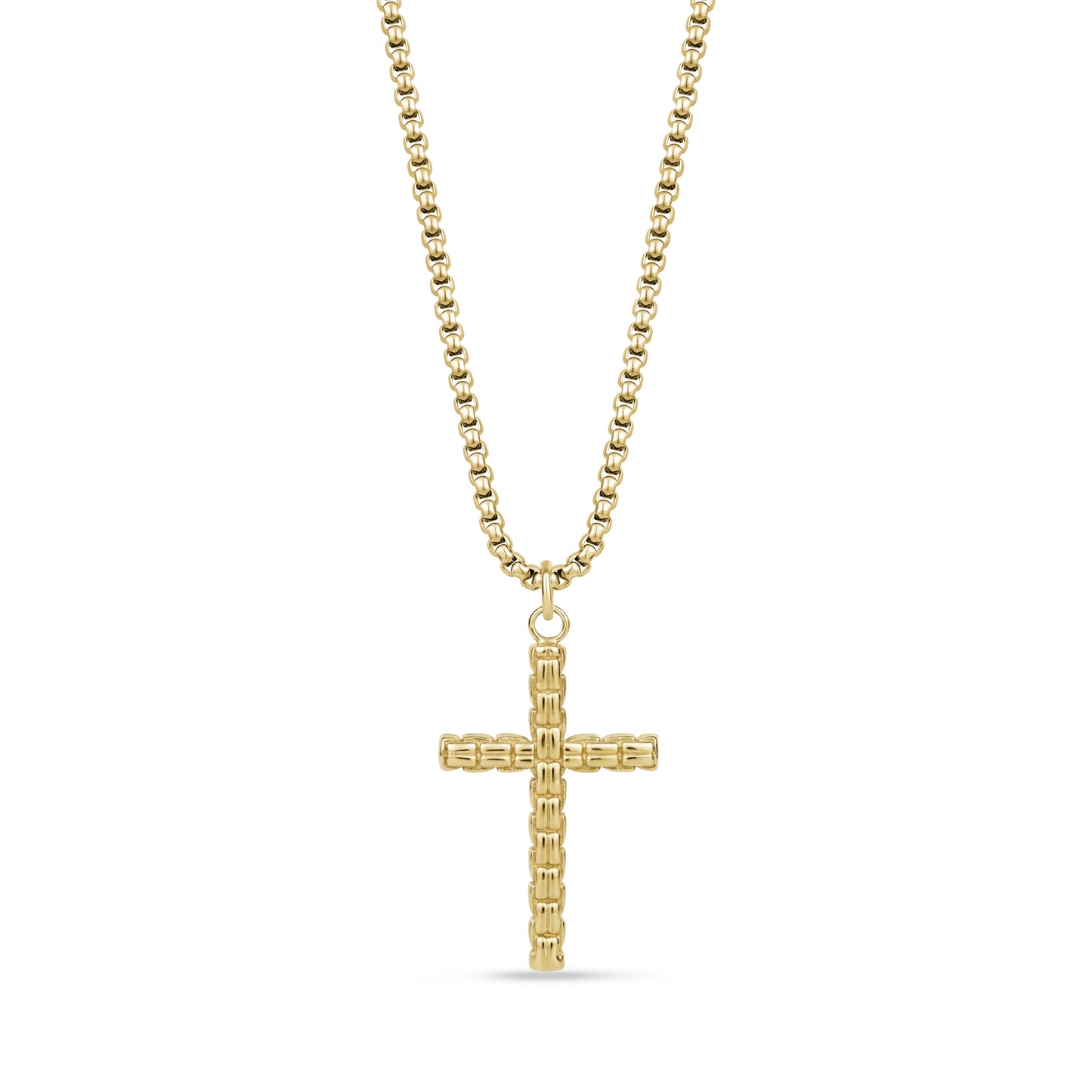 Gold stainless steel box link cross pendant necklace with round box link chain