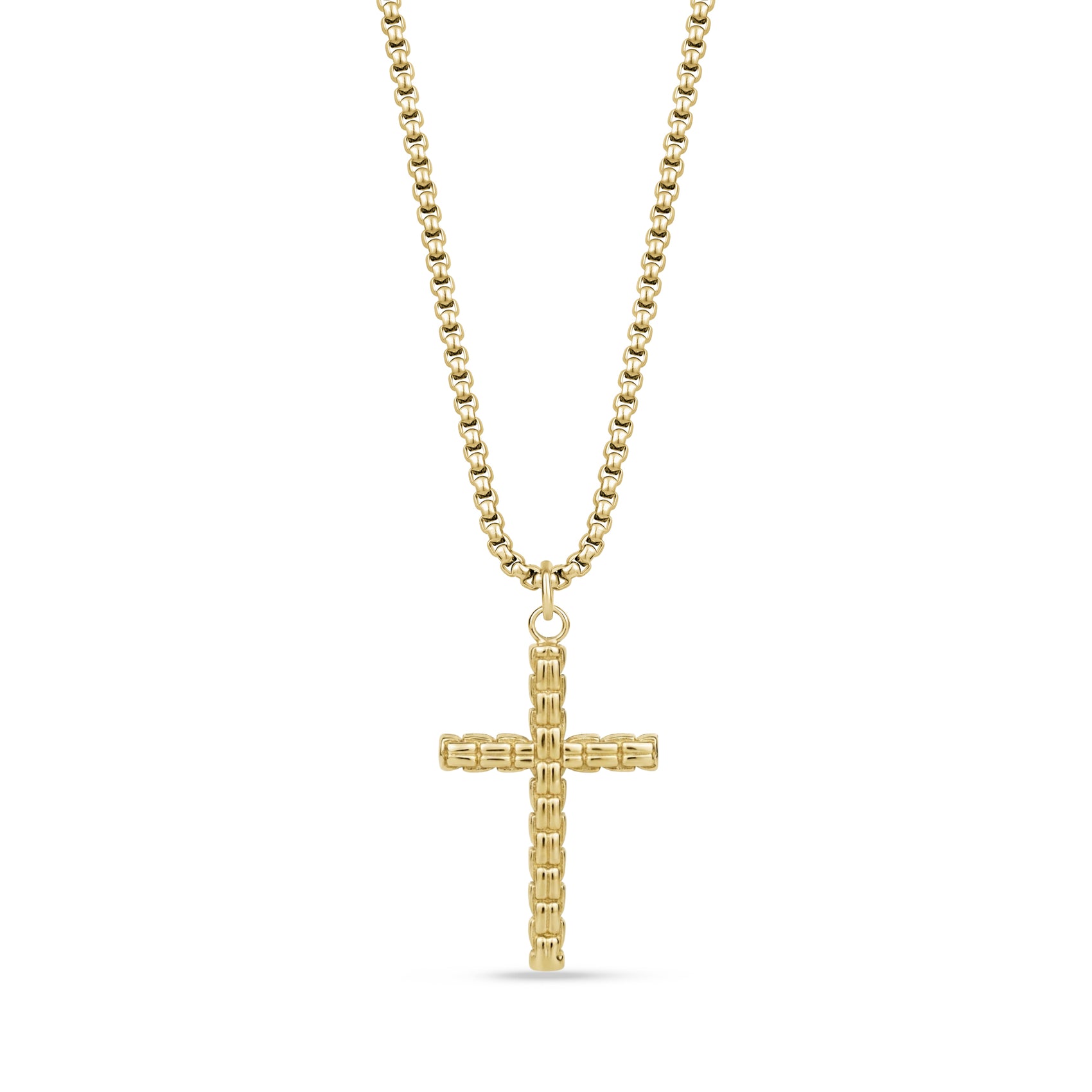 Gold stainless steel box link cross pendant necklace with round box link chain