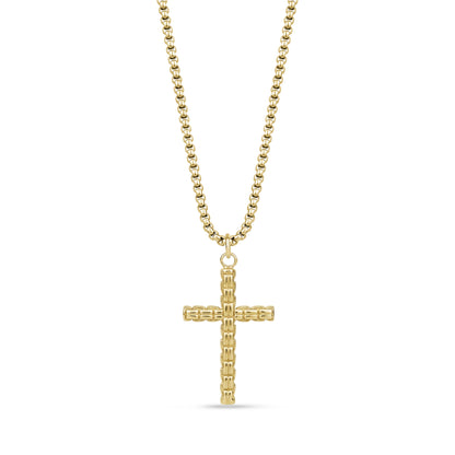 Gold stainless steel box link cross pendant necklace with round box link chain